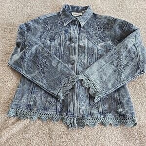 Vintage Flashback Jacket Metallic Blue Floral Detail Lace Embroidered Sequins XL